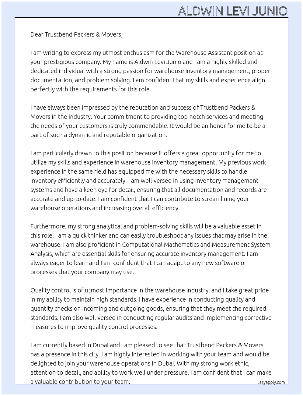 Warehouse Assistant At Trustbend Packers & Movers Cover Letter