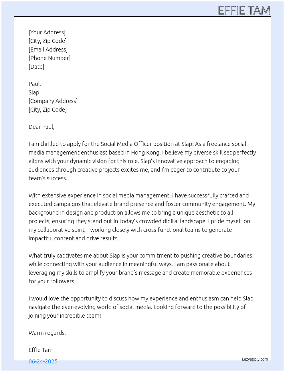 Cover letter for social media officer - LazyApply