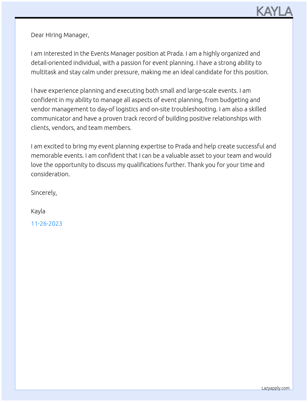 Events Manager At Prada Cover Letter