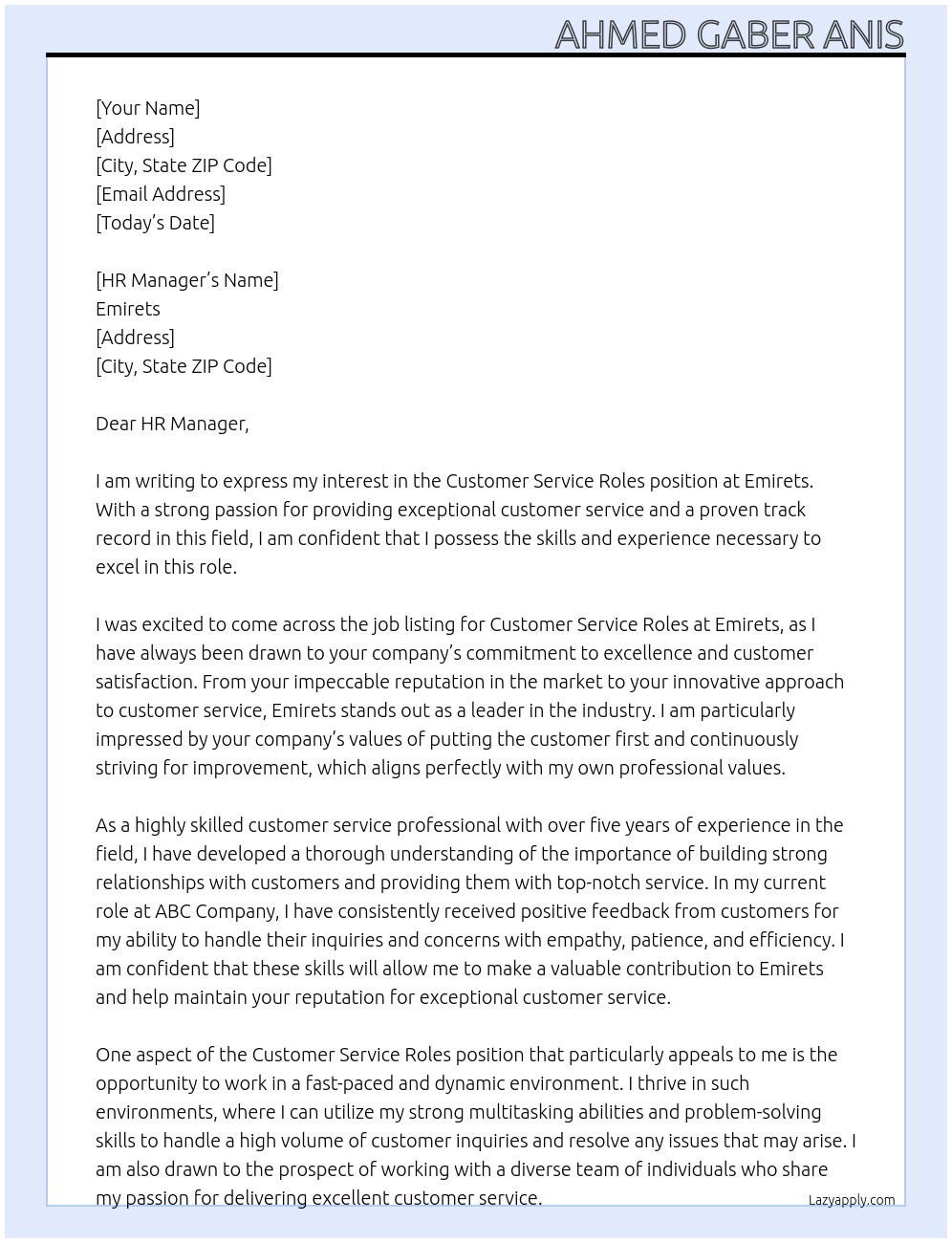 Customer Service Roles At Emirets Cover Letter