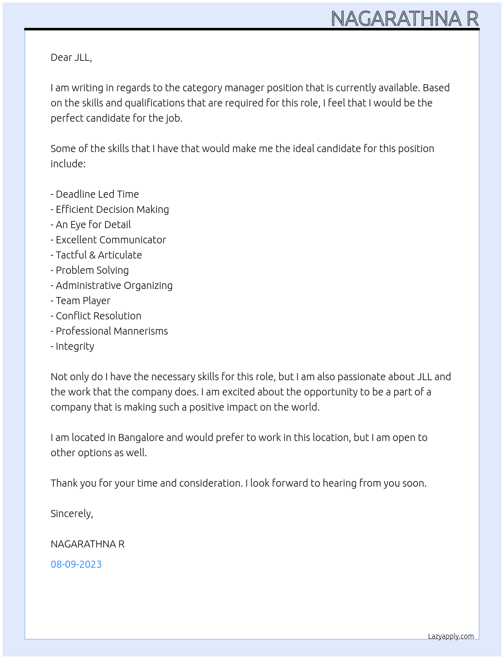 category manager  At JLL Cover Letter