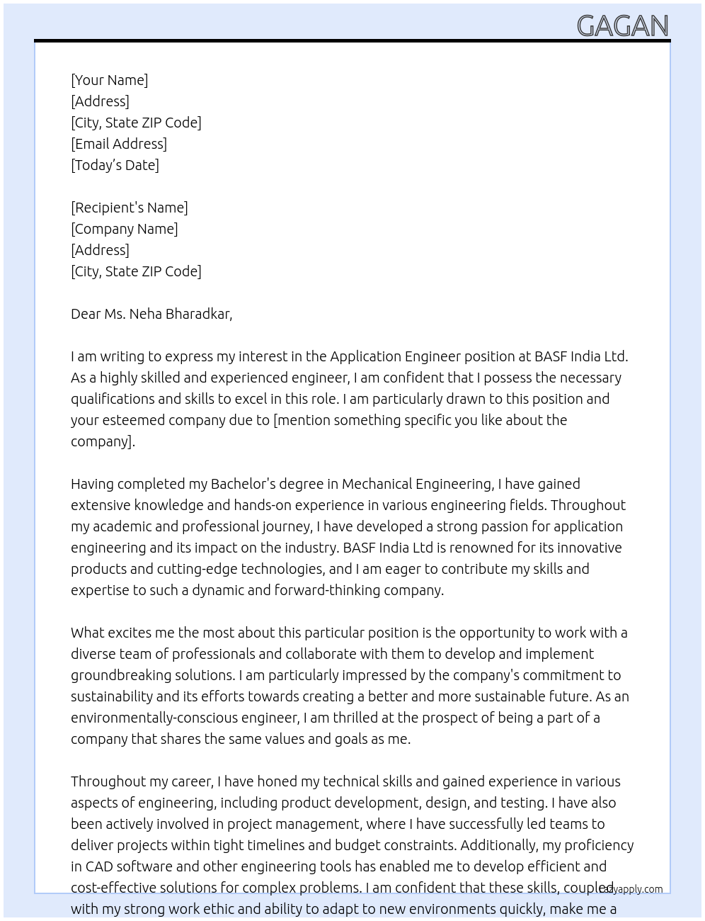 Application engineer At BASF India Ltd Cover Letter