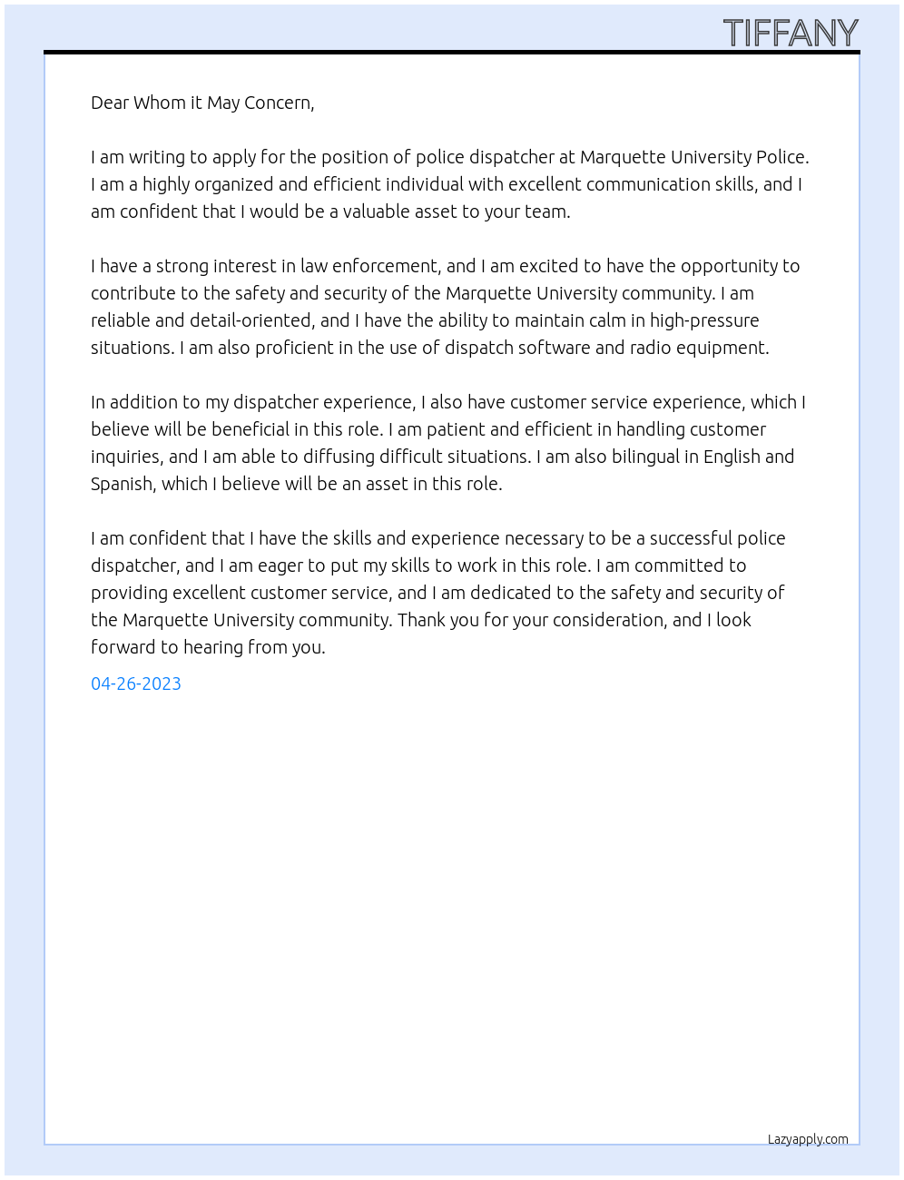 Police Dispatcher At Marquette University Police Cover Letter