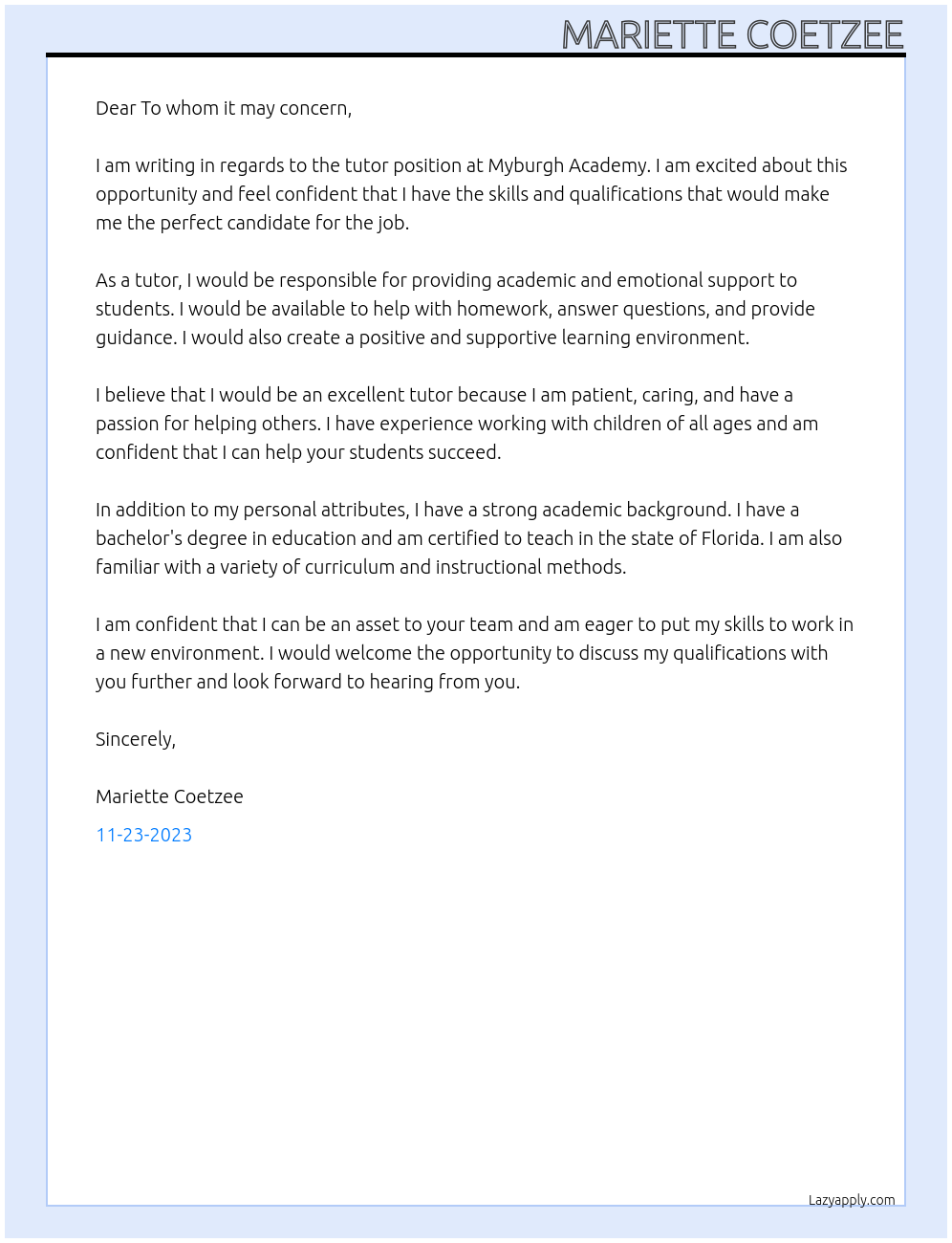 Tutor At Myburgh Academy Cover Letter
