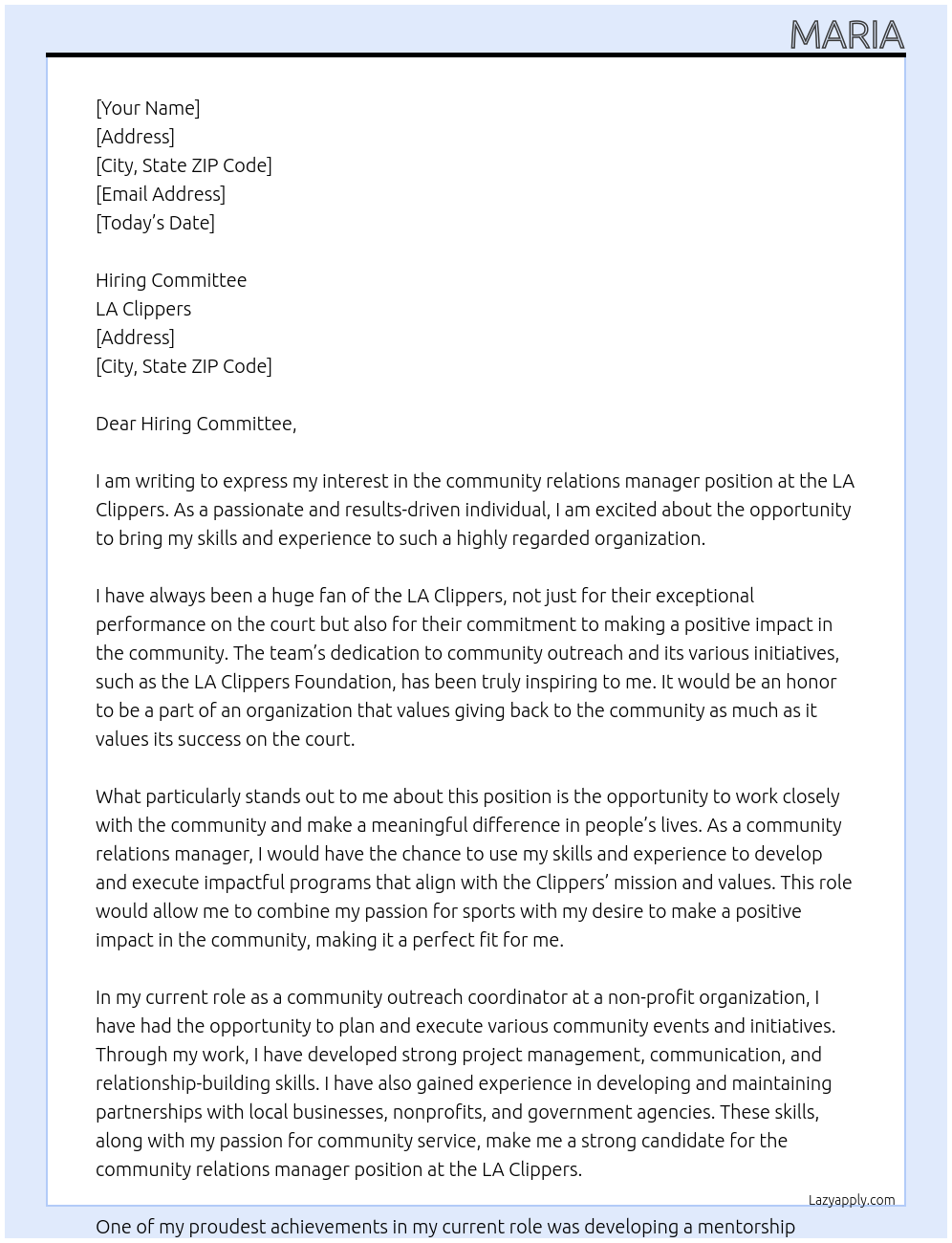 community relations manager At LA Clippers Cover Letter