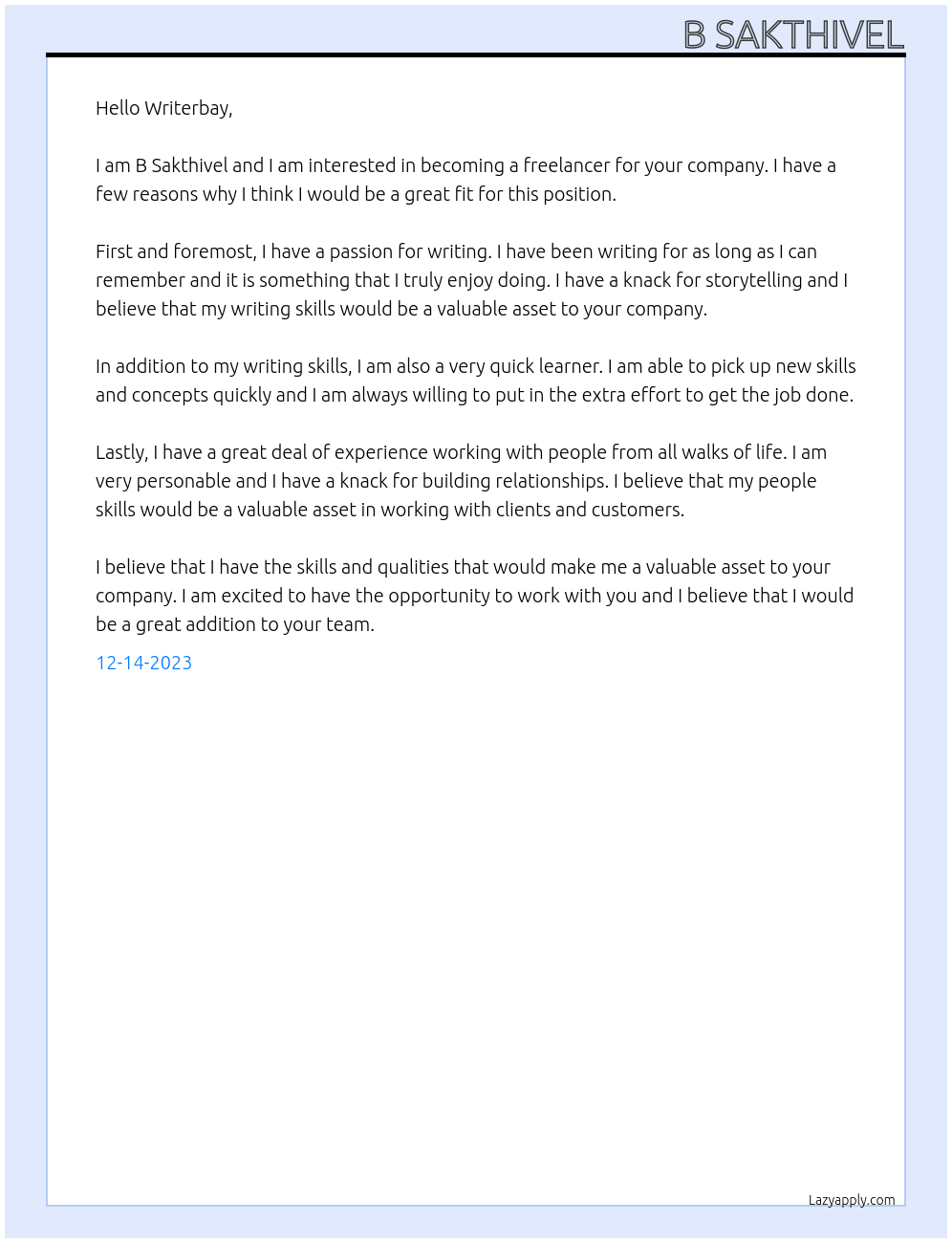 freelancer At Writerbay Cover Letter