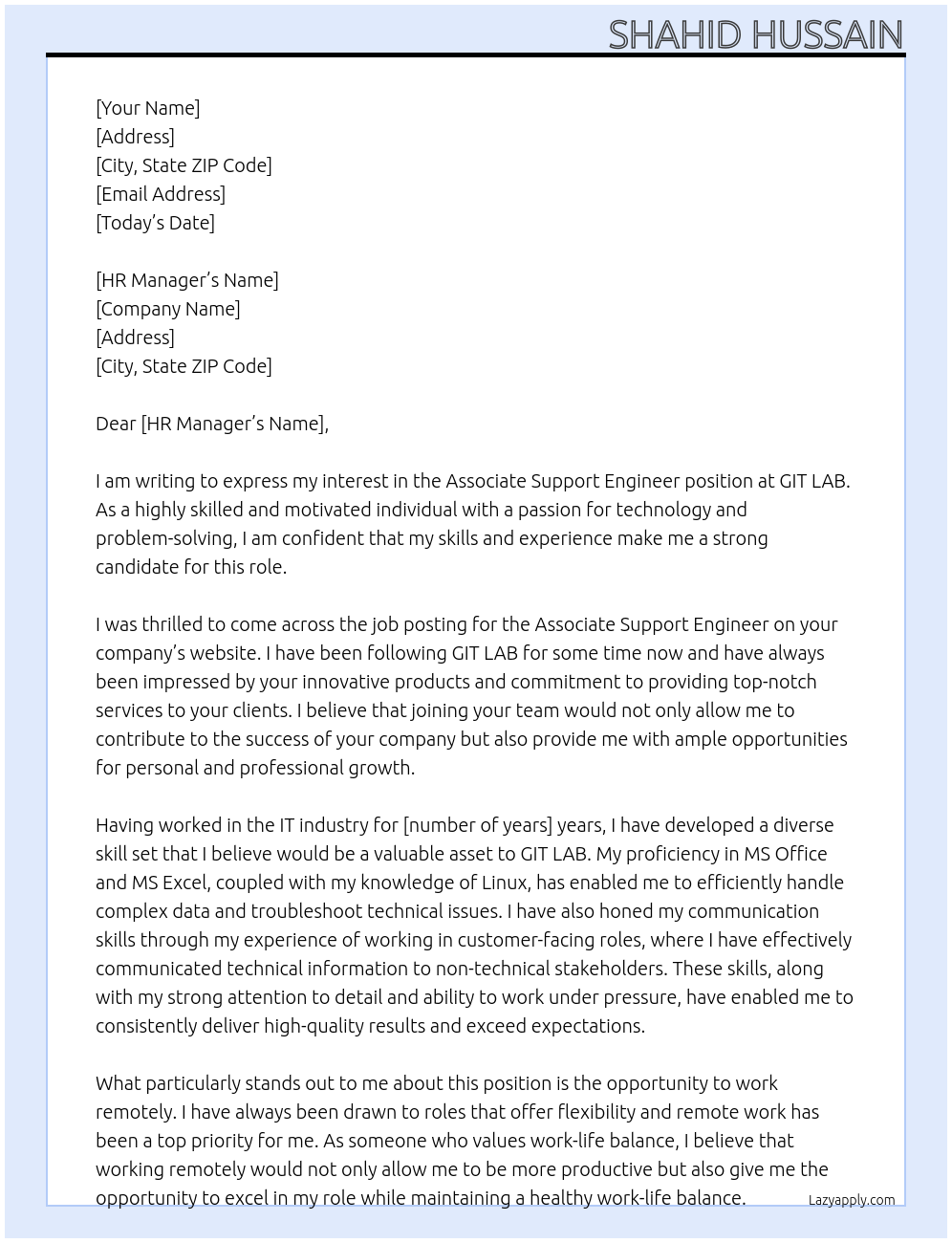 Associate Support Engineer  At GIT LAB Cover Letter