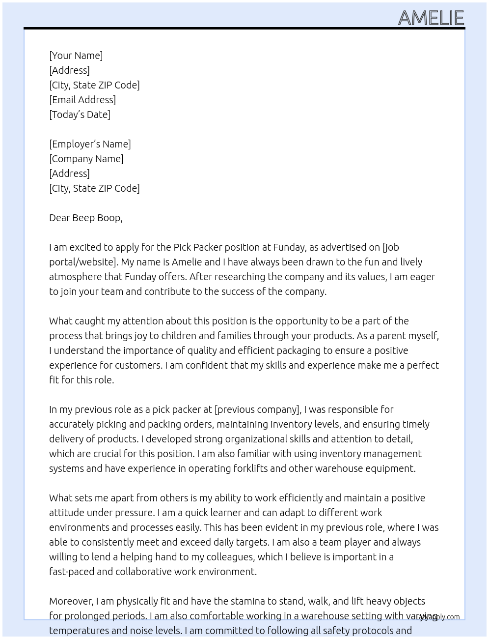 pick packer At Funday Cover Letter