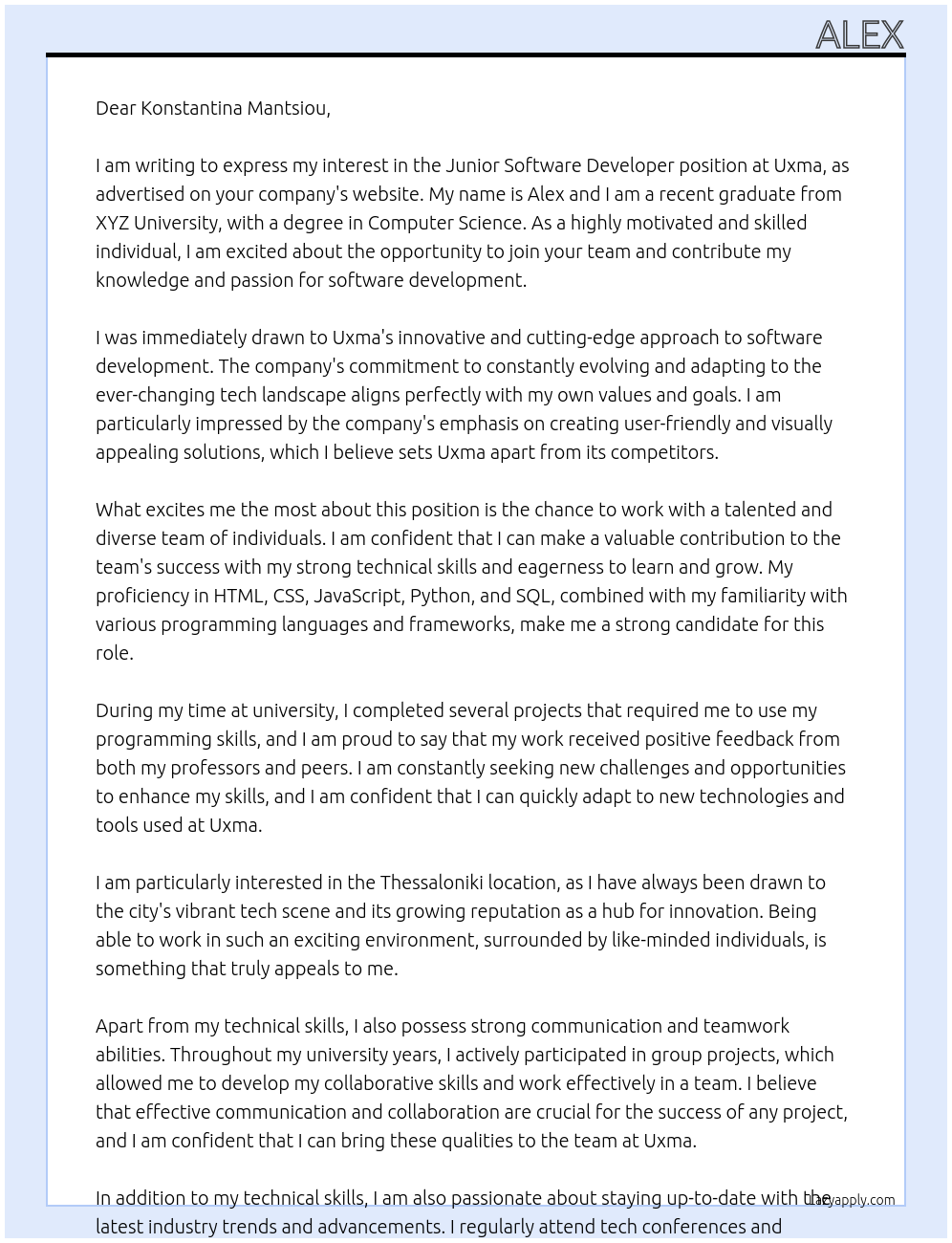 Junior Software developer At Uxma Cover Letter