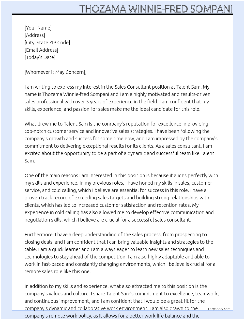 sales consultant At Talent Sam Cover Letter