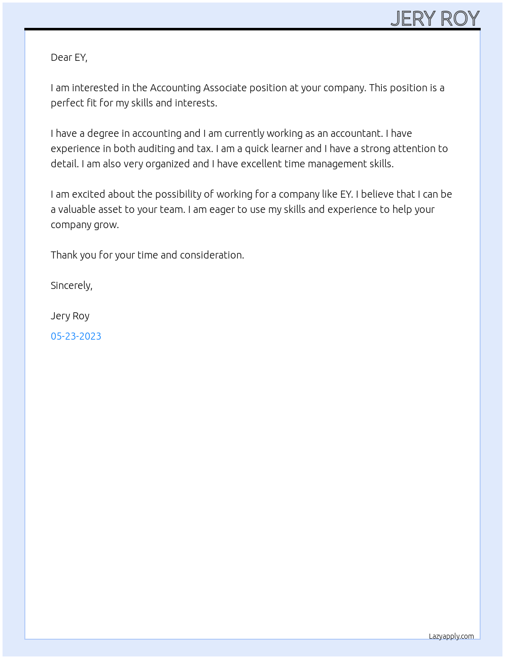 Accounting Associate At EY Cover Letter