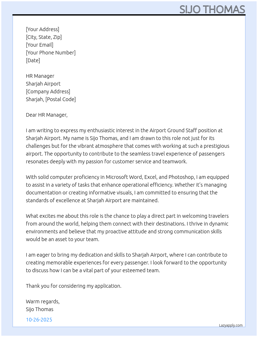 Airport ground staff At Sharjah airport Cover Letter