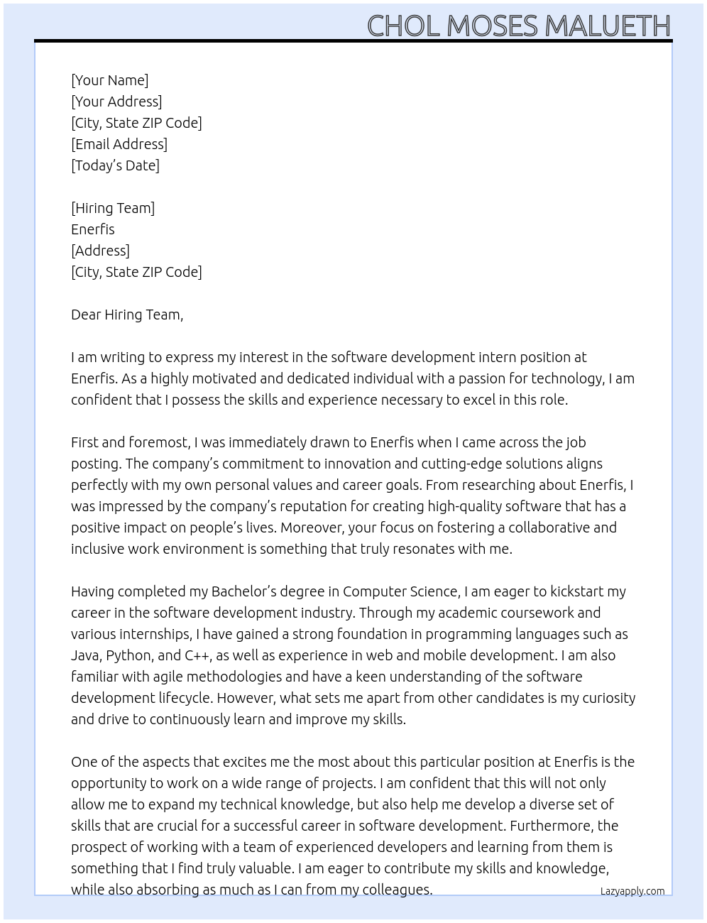 software development intern At Enerfis Cover Letter