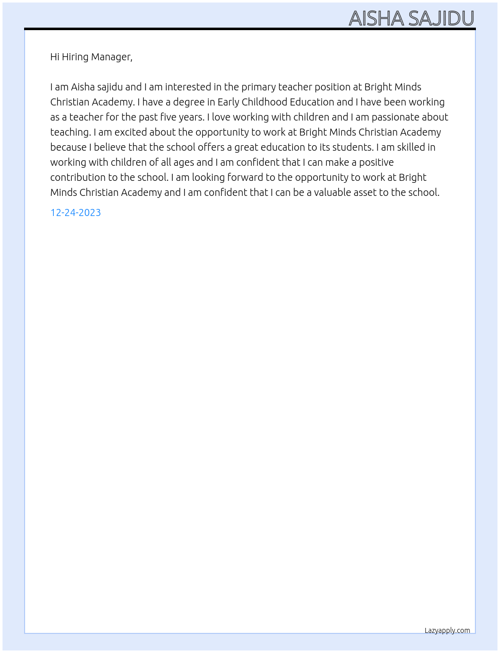 Primary teacher At Bright Minds Christian Academy Cover Letter