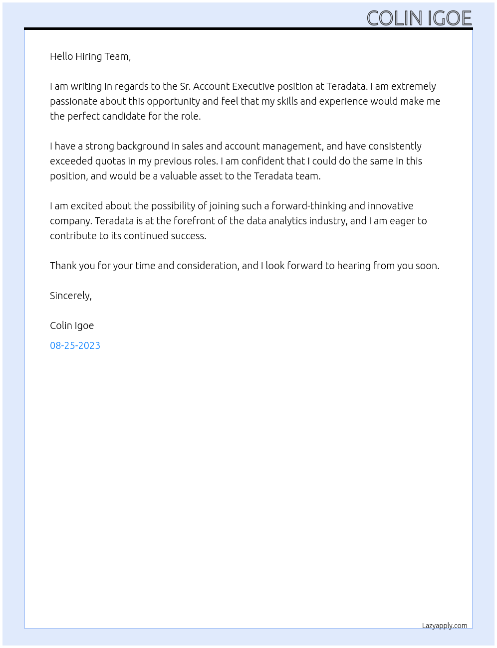 Sr. Account Executive  At Teradata Cover Letter