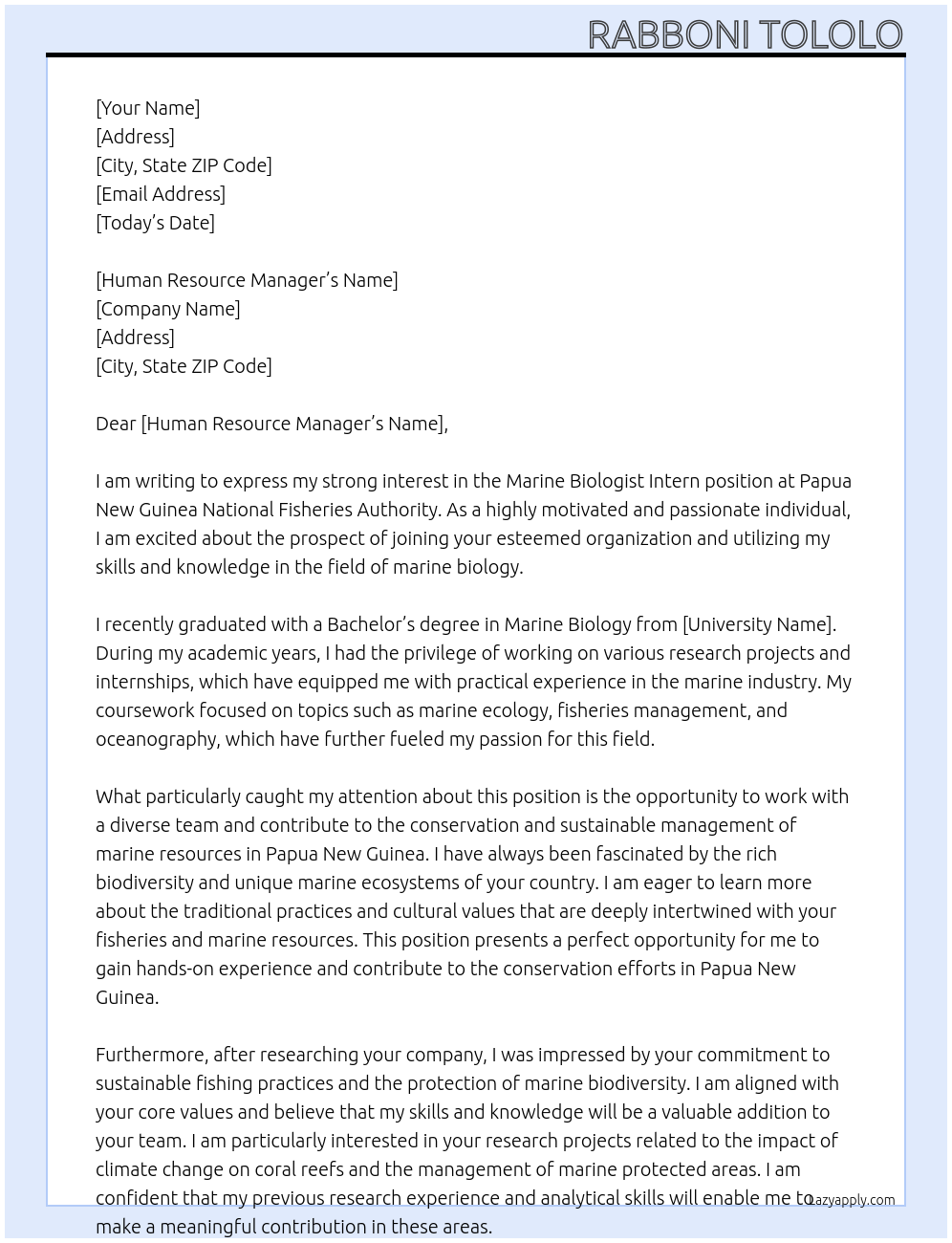 Cover letter for marine biologist intern - LazyApply