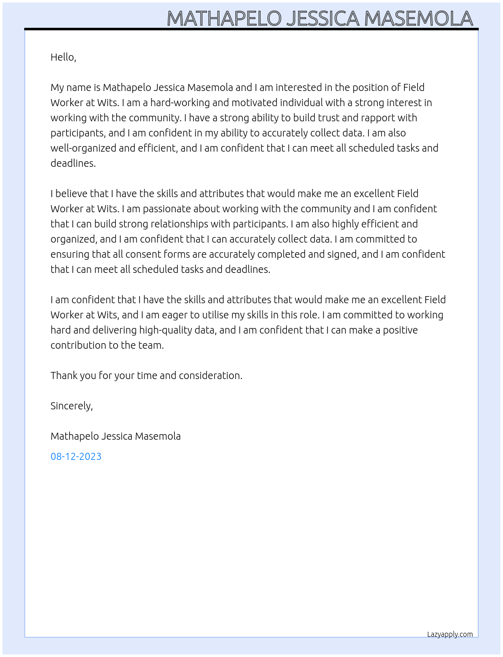 field worker At wits Cover Letter