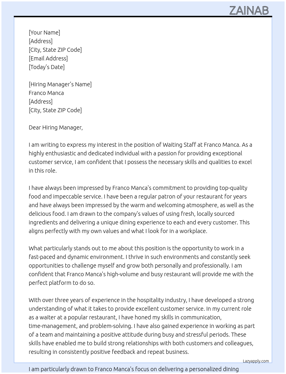 Waiting Staff At Franco Manca Cover Letter