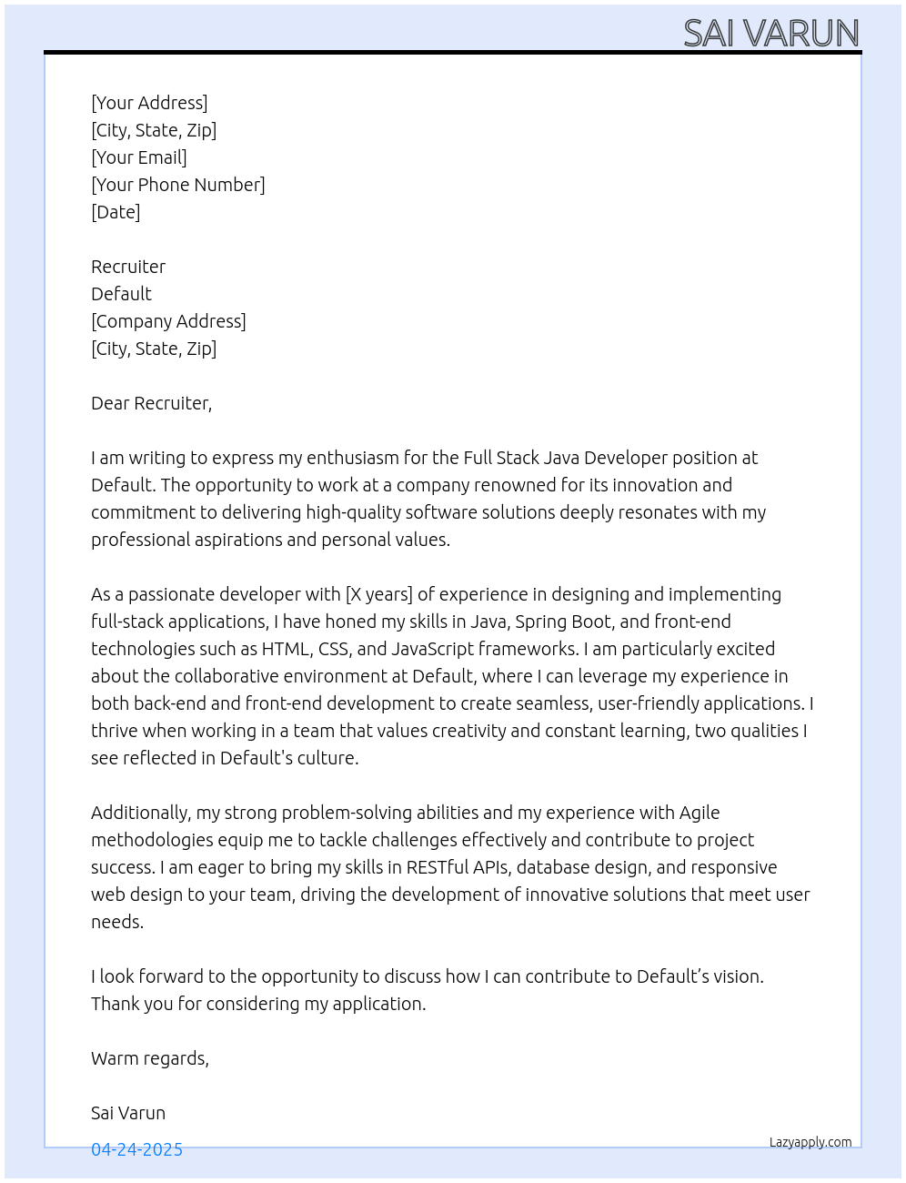 full stack java developer At default Cover Letter