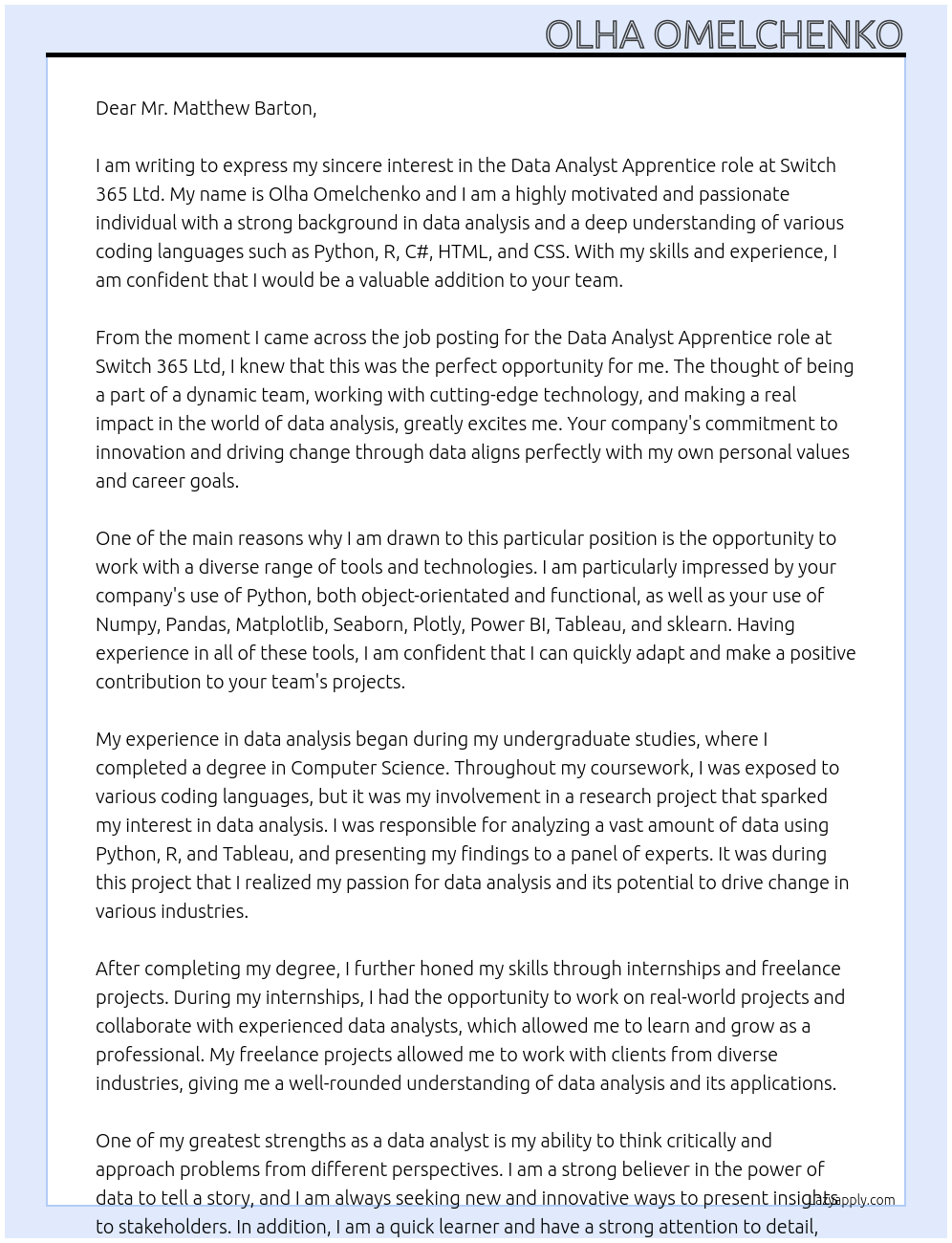 Data Analys At Switch 365 Ltd Cover Letter