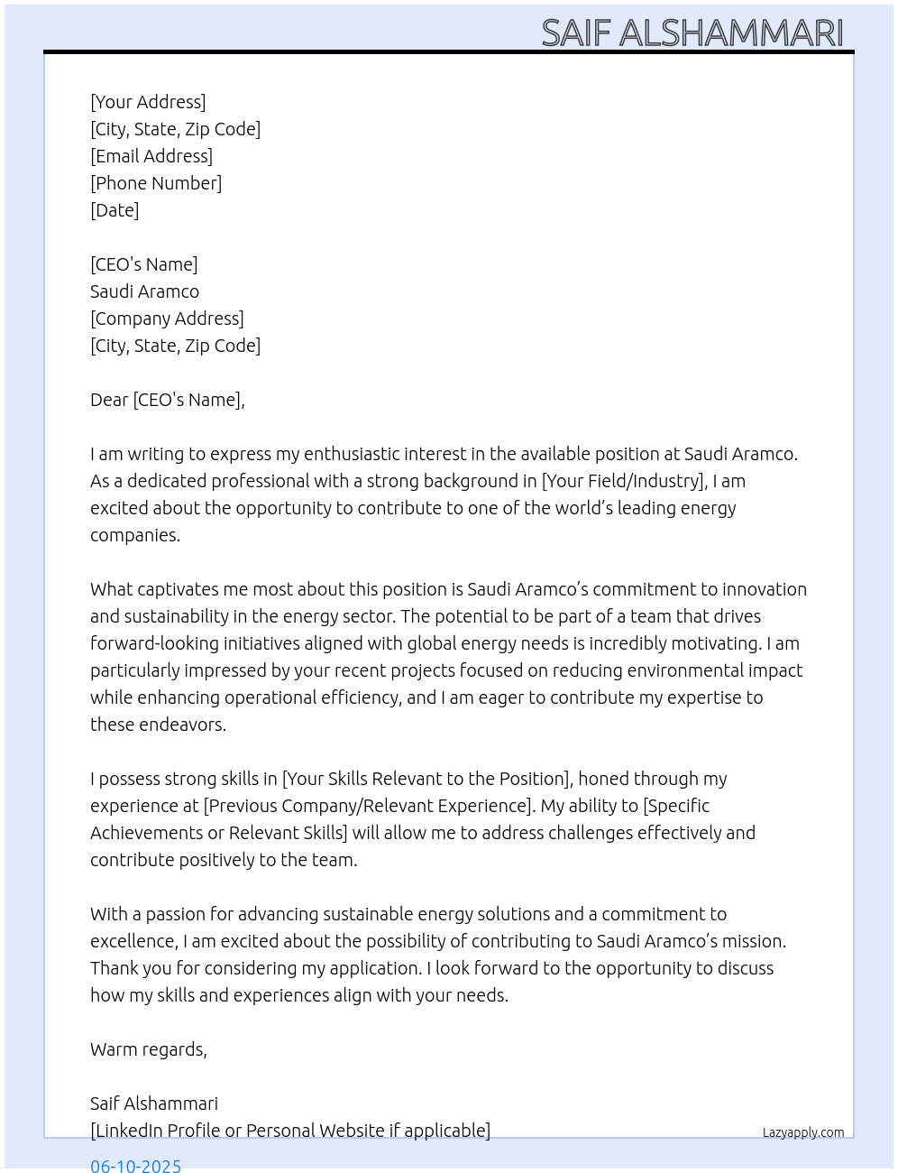 Aramco Jobs  At Saudi Aramco Cover Letter