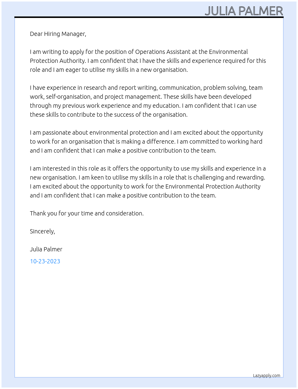 Operations Assistant At Environmental Protection Authority Cover Letter