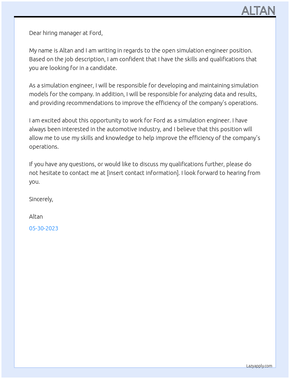 Simulation Engineer At Ford Cover Letter