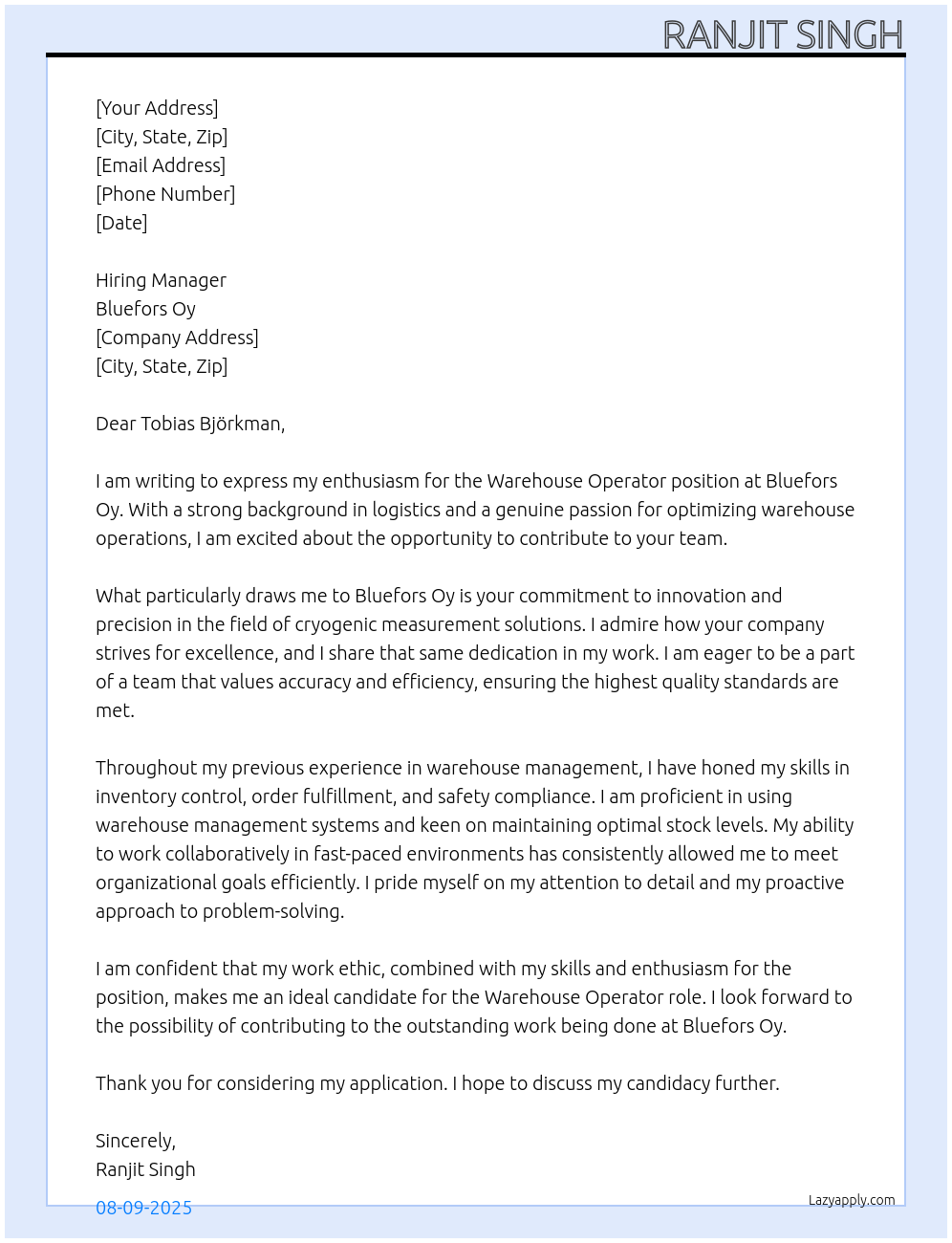 Warehouse Operator At Bluefors Oy Cover Letter