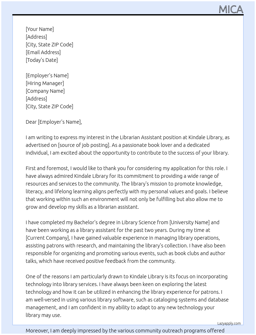 Librarian Assistant At Kindale Library Cover Letter