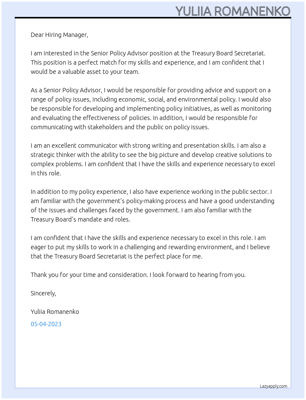 Senior Policy Advisor  At Tresury Board Secretary  Cover Letter