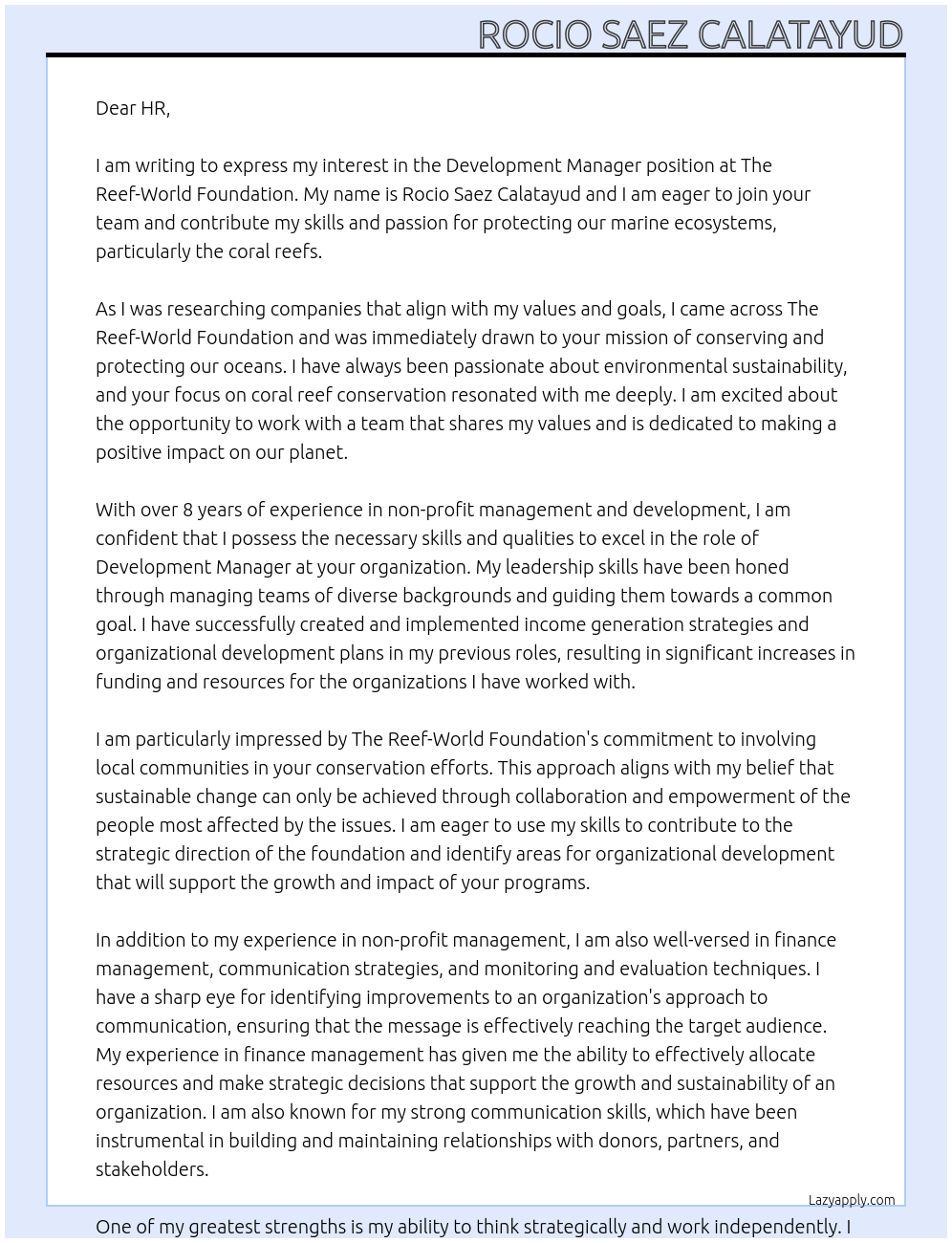 Development Manager At The Reef-World Foundation Cover Letter