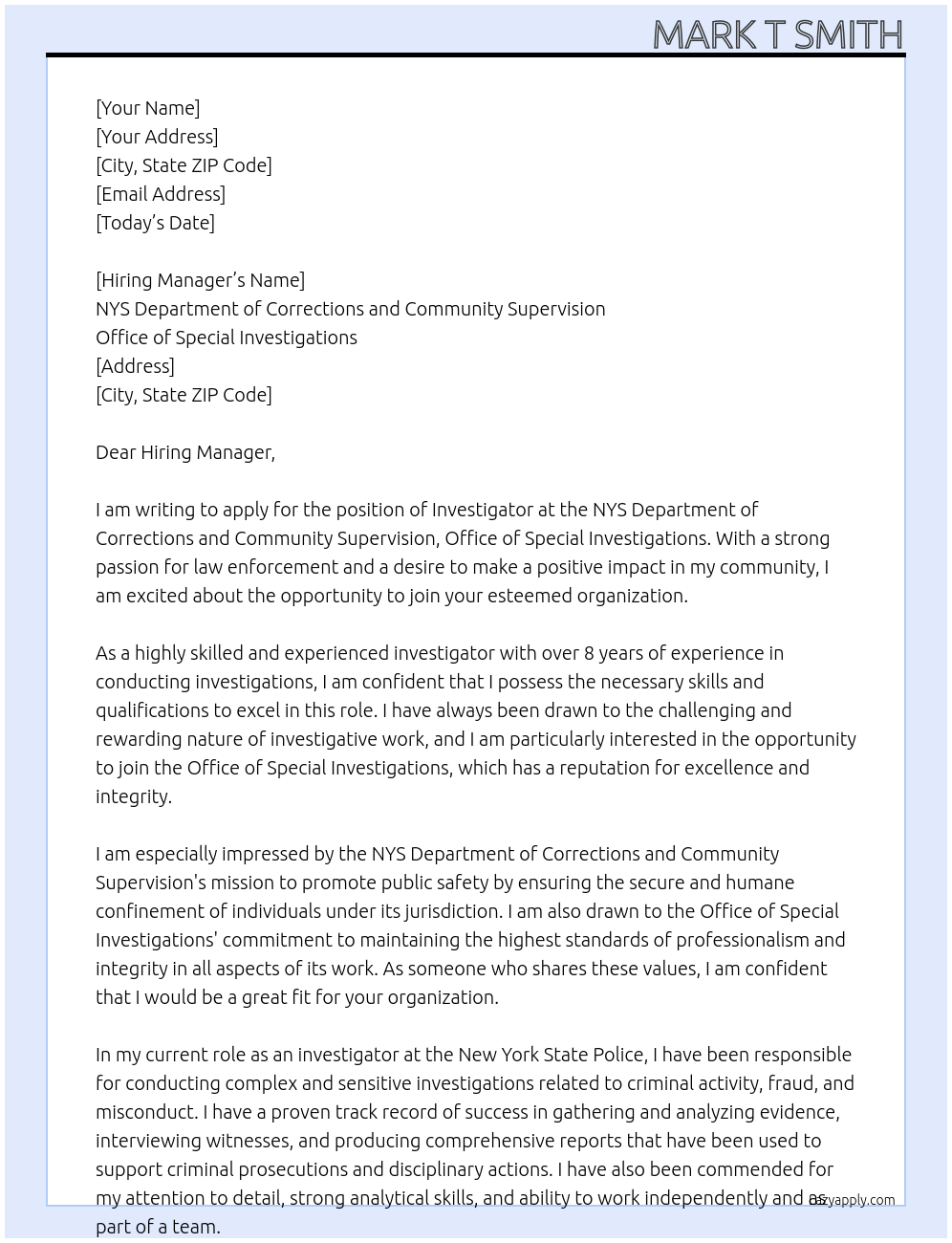 Investigator At NYS Department of Corrections and Community Supervision Office of Special Investigations Cover Letter