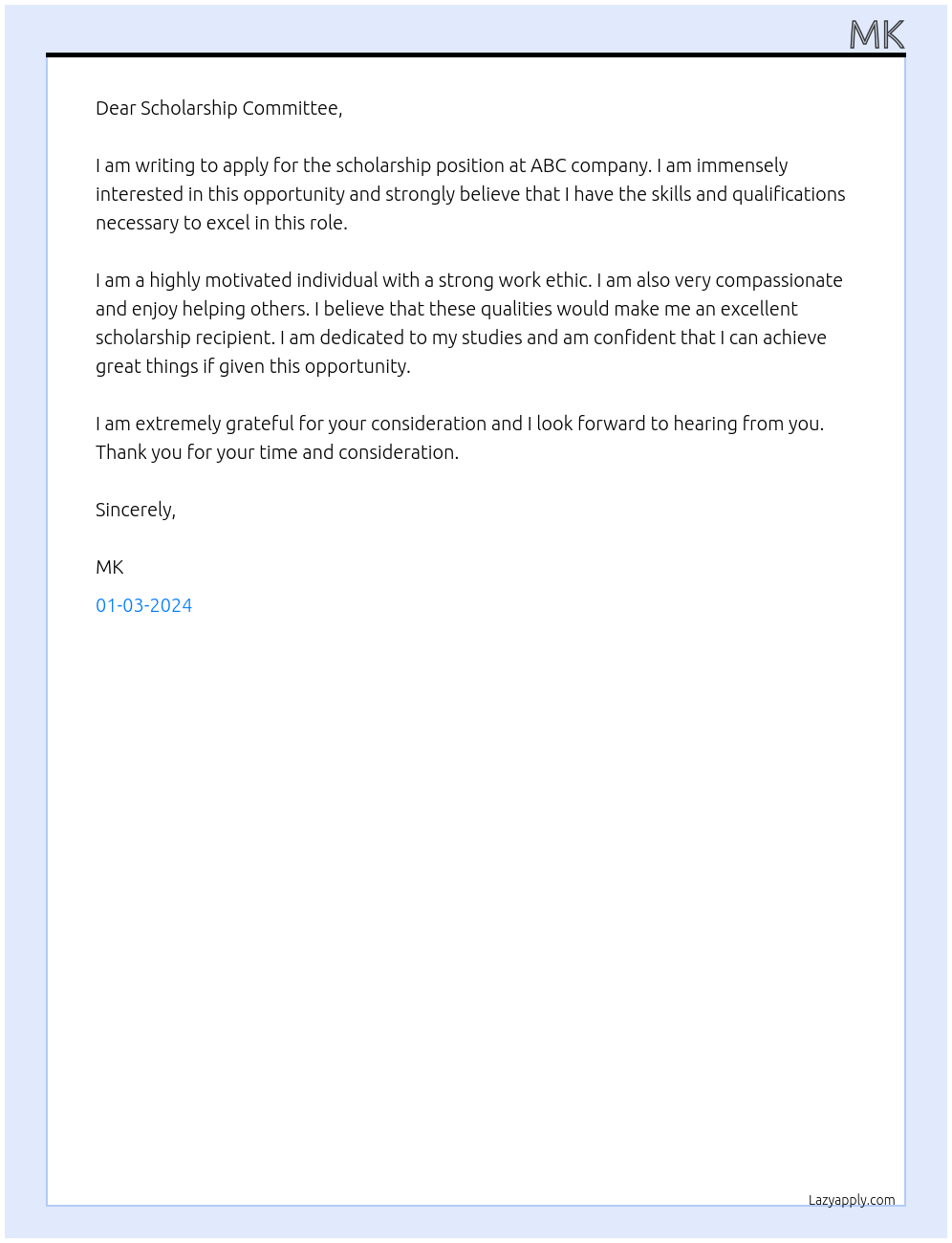 Scholarship At abc Cover Letter