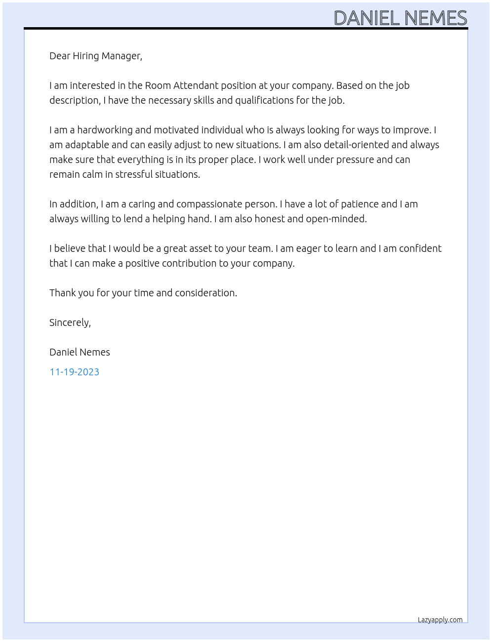 room attendant At Daniel Nemes Cover Letter