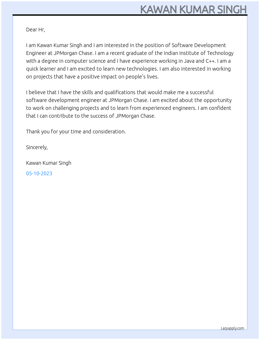 Software Development Engineer At JPMorgan Chase Cover Letter