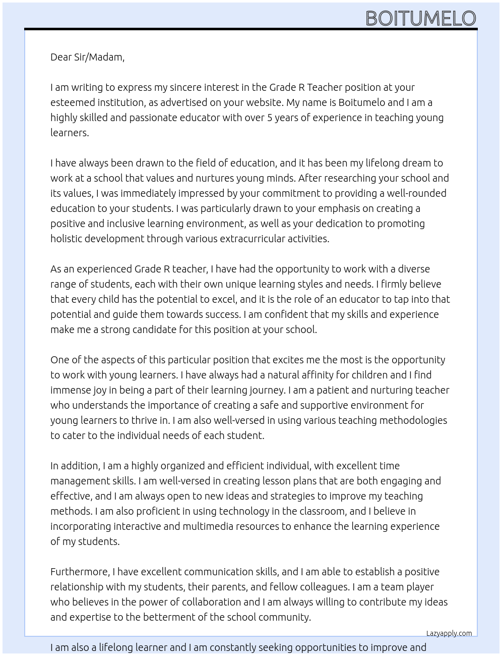 grade r teacher At school Cover Letter