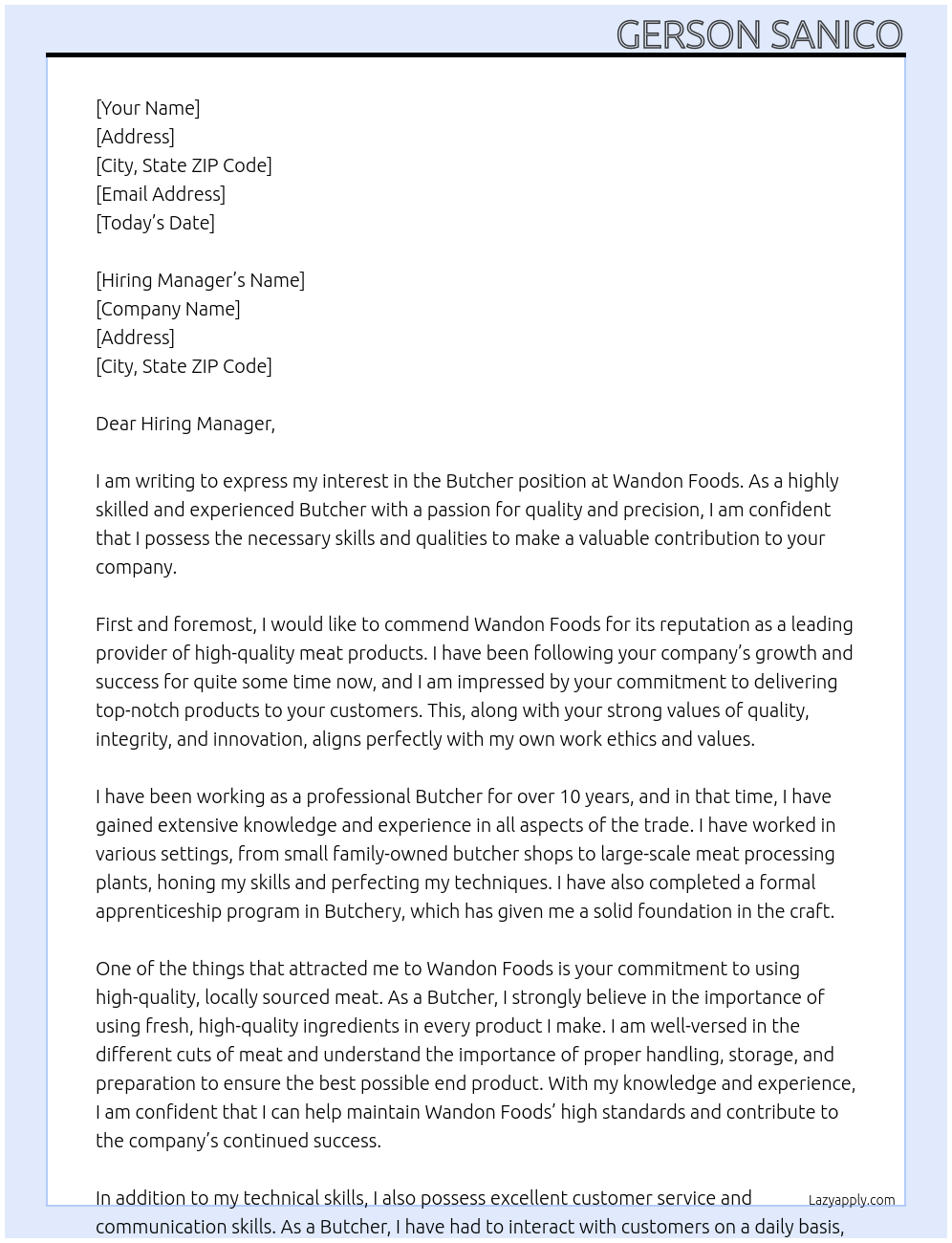 BUTCHER At WANDON FOODS Cover Letter