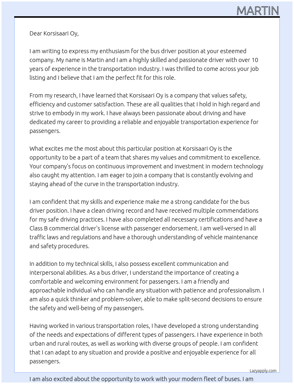 bus driver At Korsisaari Cover Letter