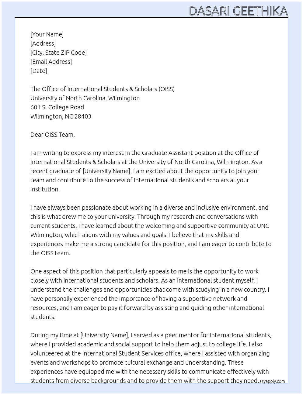 graduate assistant At University of North Carolina, wilmington Cover Letter