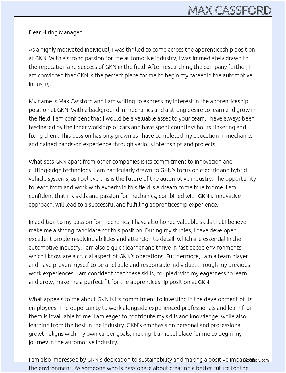 Apprenticeship At GKN Cover Letter