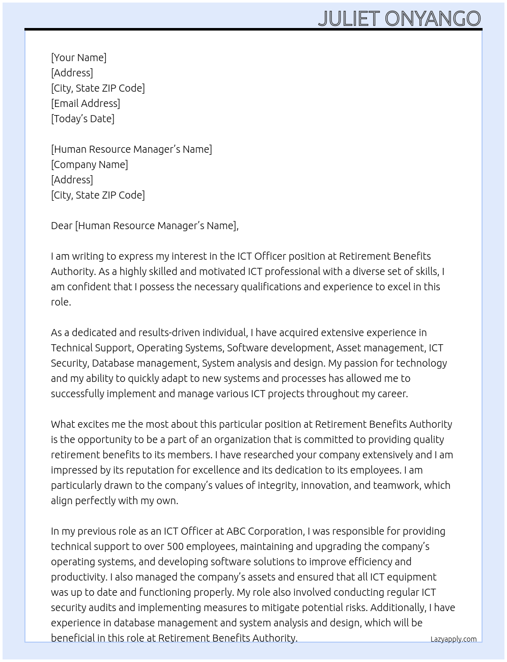 ICT Officer At Retirement Benefits Authority Cover Letter