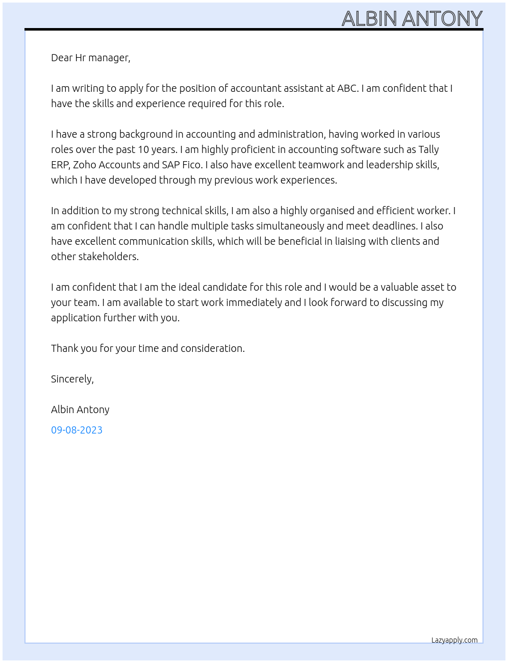 Accountant Assistant At ABC Cover Letter