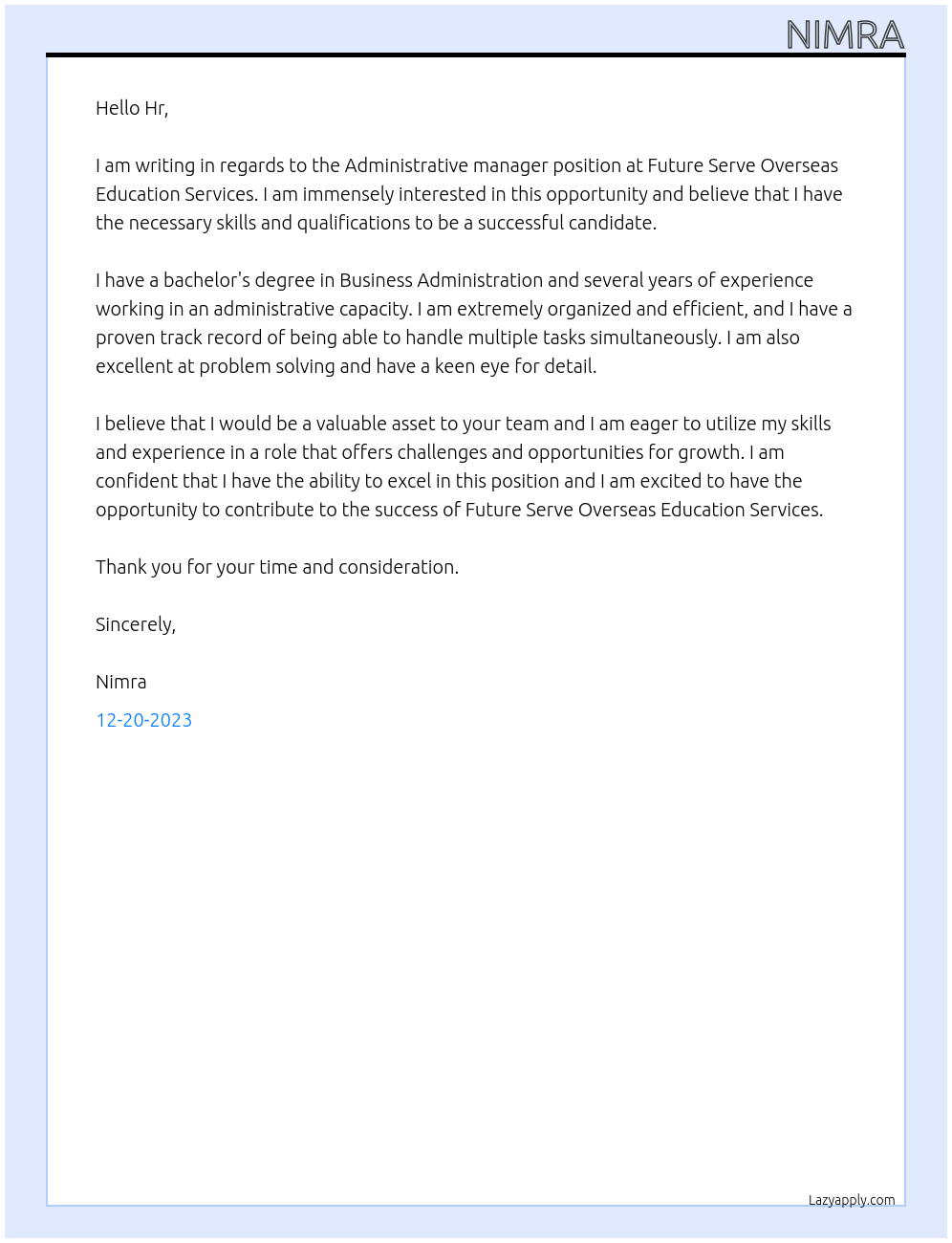 Administrative manager At Future Serve Overseas Education Services Cover Letter