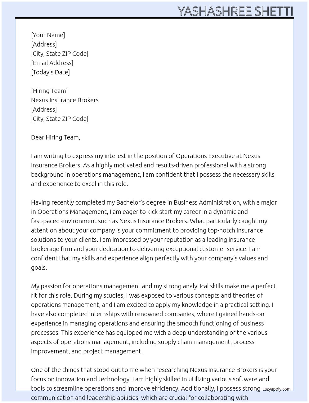 Operations Executive At Nexus insurance brokers Cover Letter