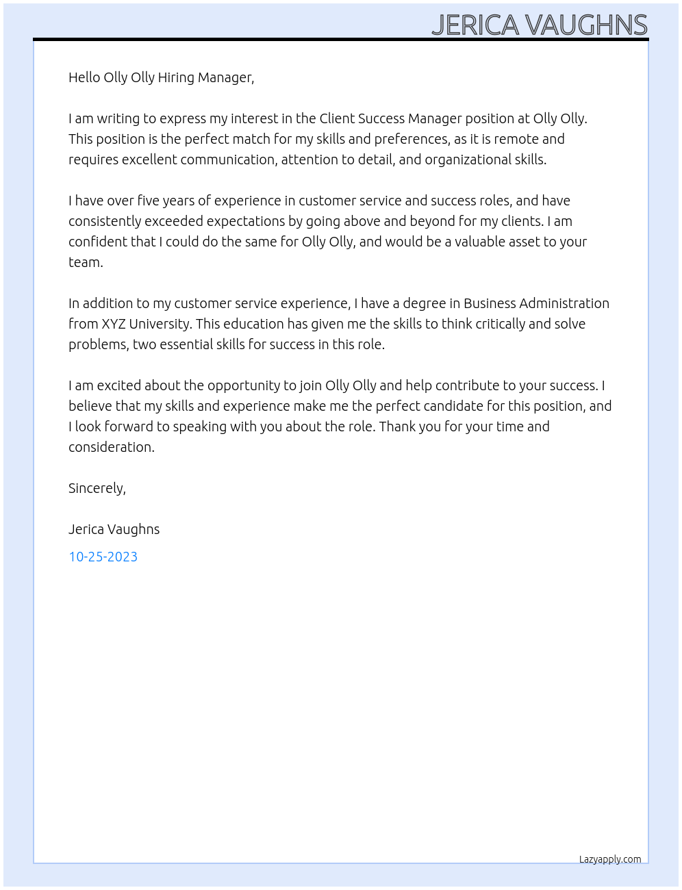 Client Success Manager  At Olly Olly Cover Letter