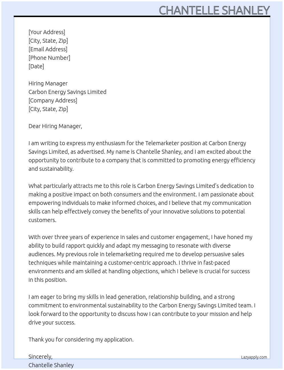 Telemarketer At Carbon Energy Savings Limited Cover Letter