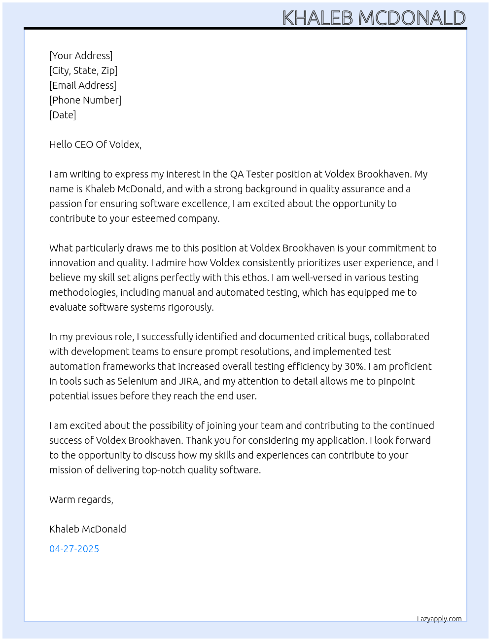 QA Tester At Voldex Brookhaven Cover Letter