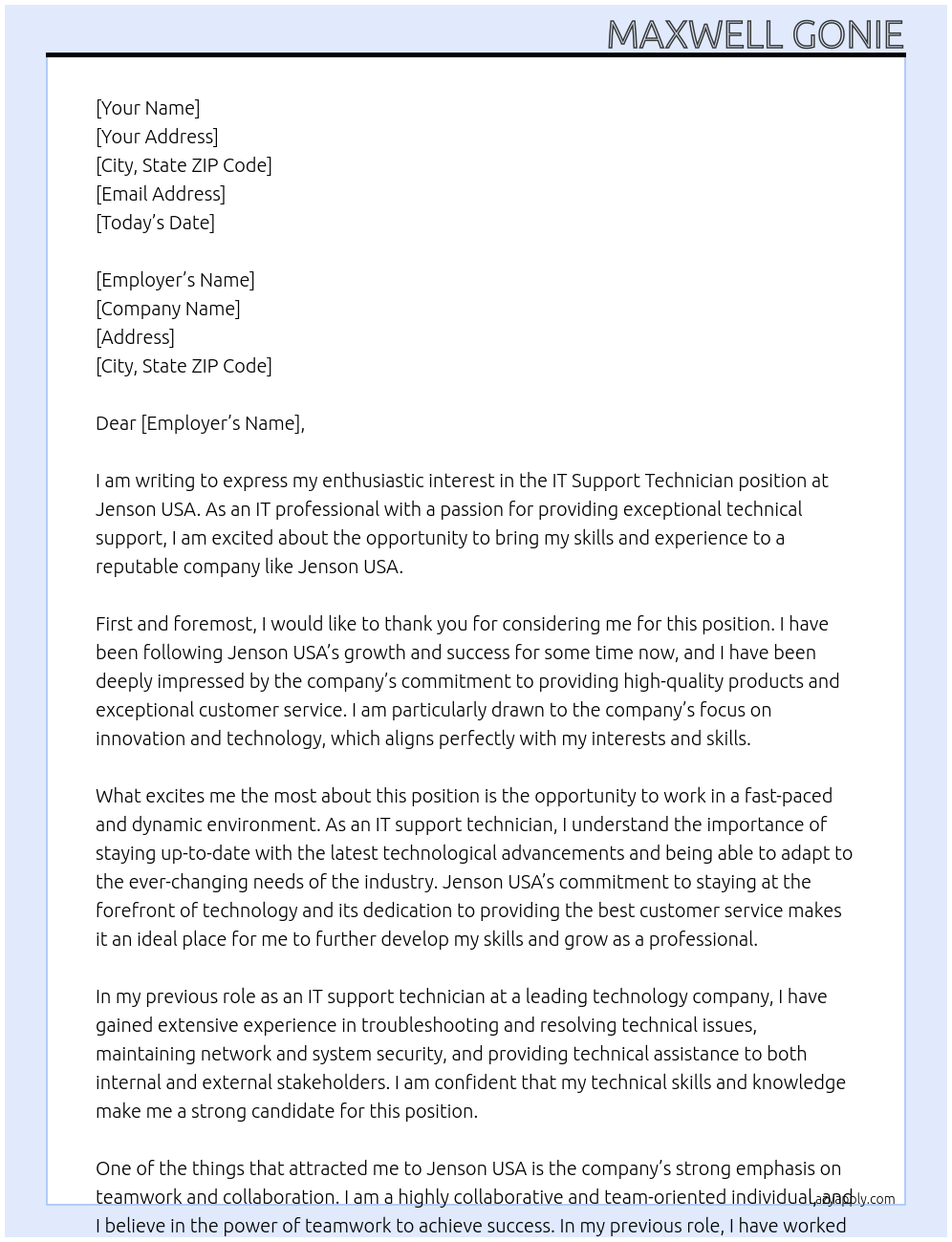 IT Support Technician At Jenson USA Cover Letter