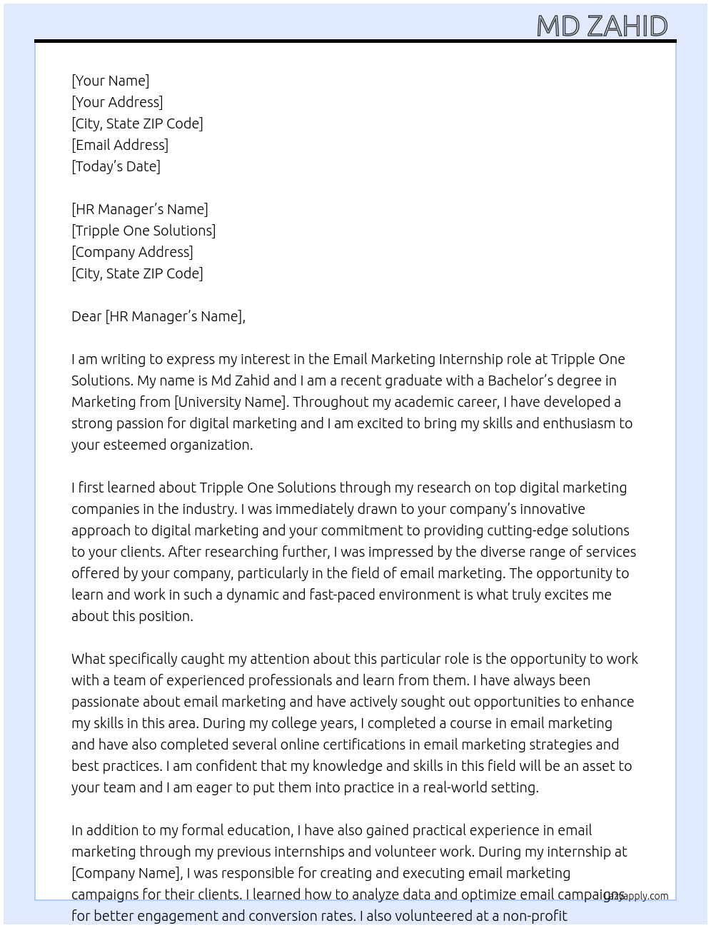 Email Marketing At Tripple One Solutions Cover Letter