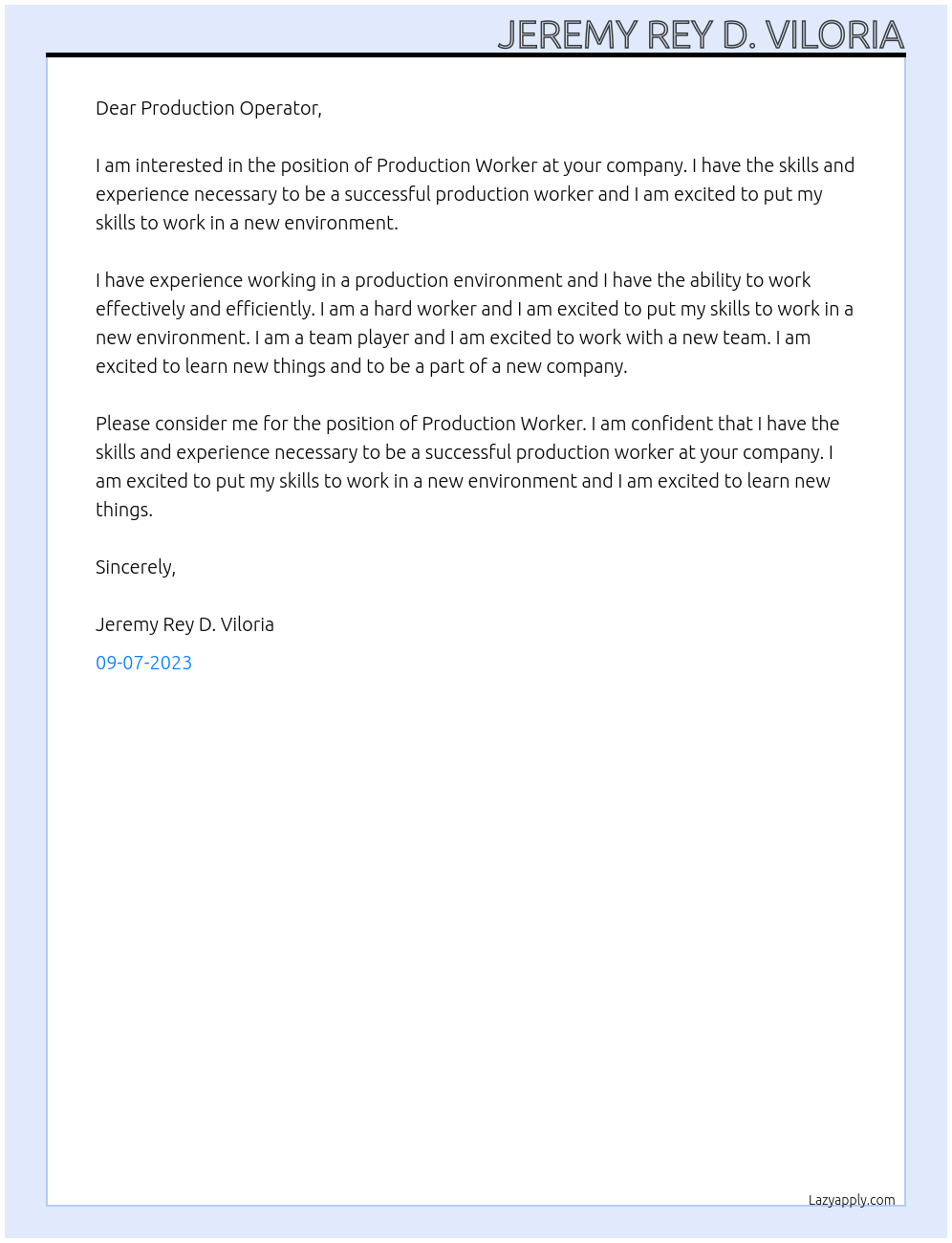 Production Worker At Production Operator Cover Letter